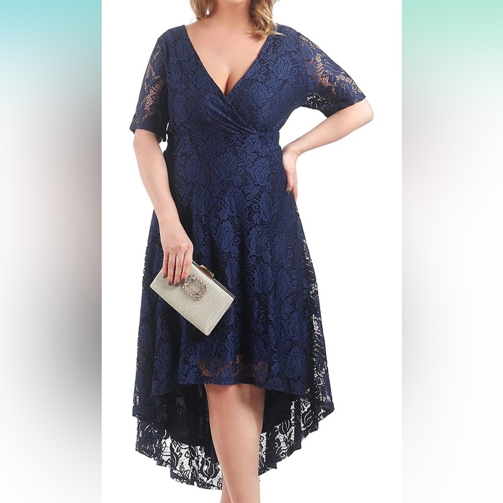 Plus Size Cocktail Dress Women's Floral Lace V Neck Hi-Lo